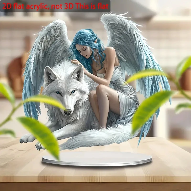 Boho-Chic Acrylic Wolf and Winged Figure Decor with Stand, Universal Gift for All Occasions, Collectible Figurine for Home