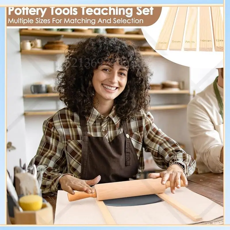 -SPOR 12 Piece Pottery Tools Teaching Set Includes 17In Slab Roller, 10 Pcs Wooden Rolling Pin Guides, 1 Linen Cloth Tablecloth
