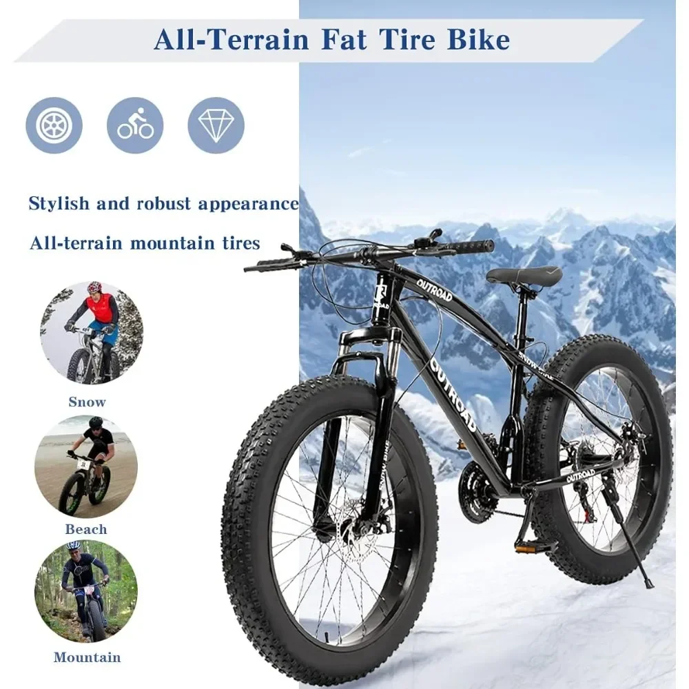 Mountain Bike 26 inch Fat Tire , 21 Speed Dual Front Suspension, Double Disc Brake and High Carbon Steel Frame Anti-Slip Bicycle