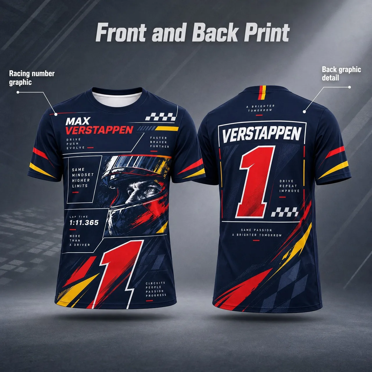 Formula 1 Motorsport Fan T-Shirt Max Verstappen Number 1 Front Back Print Racing Short Sleeve T-Shirt