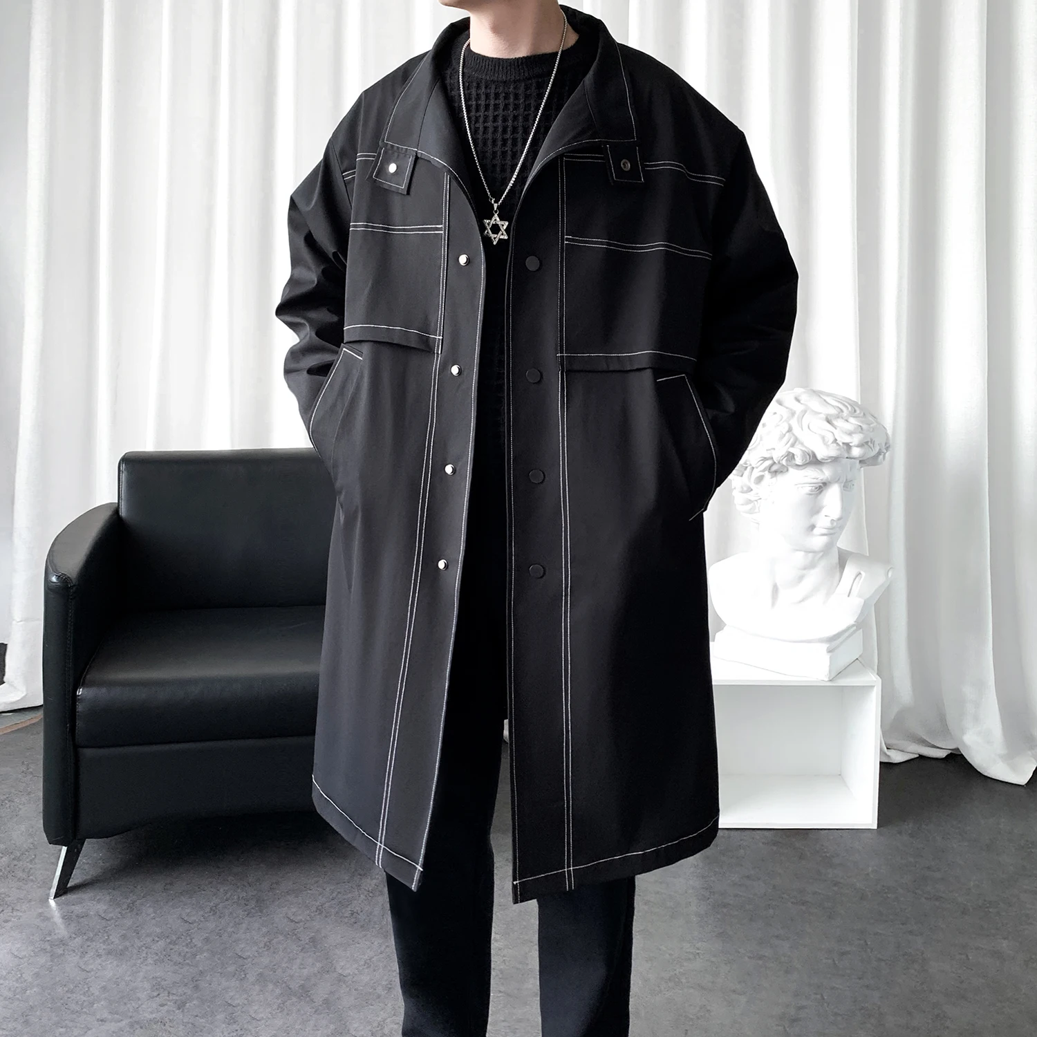 

Lapel Long Windbreaker Single Breasted Loose Oversized Trench Coat Fake Two Fashionable Men's Clothing Casual Males Tops Autumn