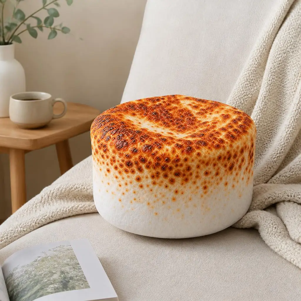 Toasted Marshmallow Plush Pillow Campfire Treat Shaped Cushion Stuffed Throw Pillow Cozy Home Decor Foodie Accent Gift