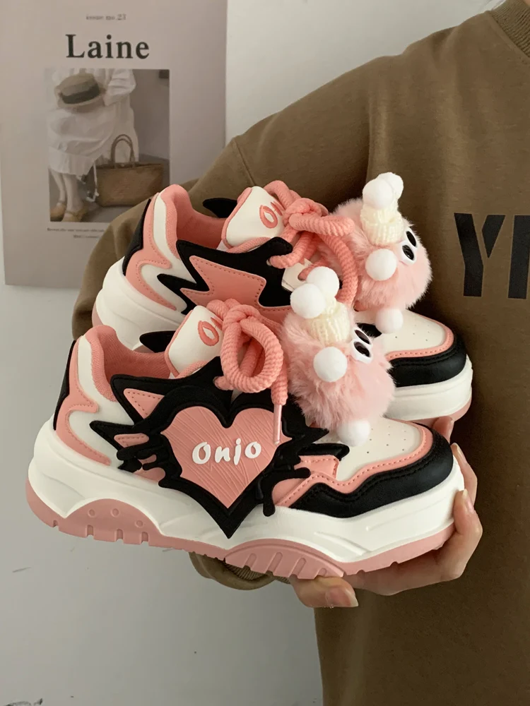 Spring Thick Bottom Bread Shoe Women's Casual Sports Sneakers Trendy round Toe Mesh  Rubber Sole Cross Buckle Style