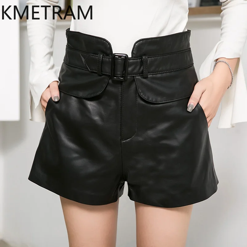 KMETRAM Sheepskin Natural Leather Shorts Autumn Winter Women's Shorts Thin Wide-leg Trousers 2024 High-waisted Women Shorts