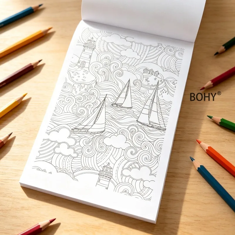 1 Adult Decompression Line Drawing Graffiti Album, Include Themes Such As Mountains/wild Flower/ Lighthouse/sailboats, 24 Pages