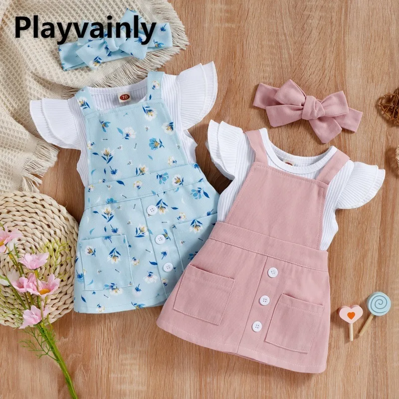 

Новинка 2026: Летние модные комплекты в корейском стиле для девочек – белый боди с расклешенными рукавами + розово-голубое платье на бретельках. Наряды для двойняшек A2239