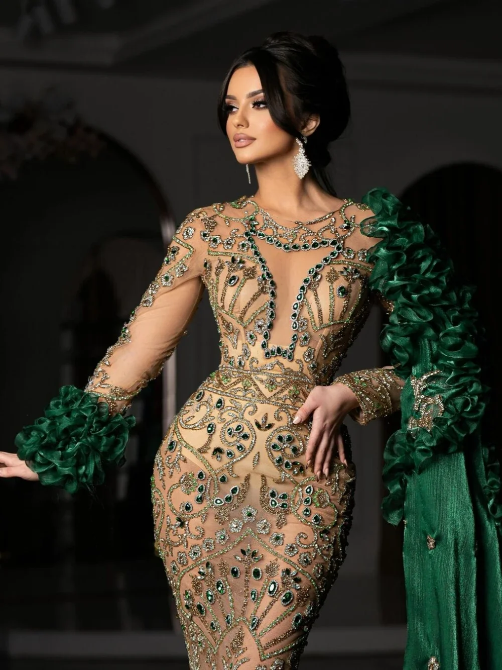 Exquisite Evening Dresses Crystal See Through Prom Dress Beaded Long Sleeves Customized Mermaid Party Gowns Vestidos De Noche