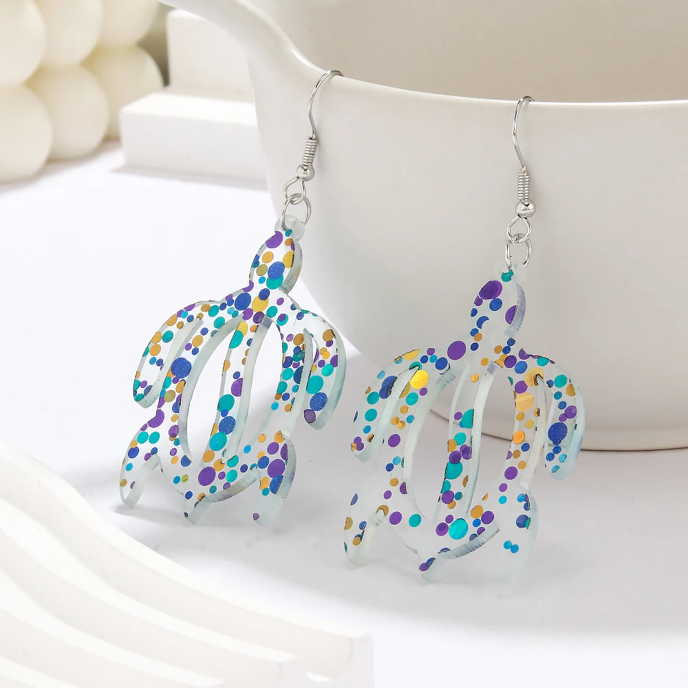 Novelty Turtle Acrylic Dangle Earrings for Women Girls Colored Sequins Ocean Animals Ear Statement Summer Gifts