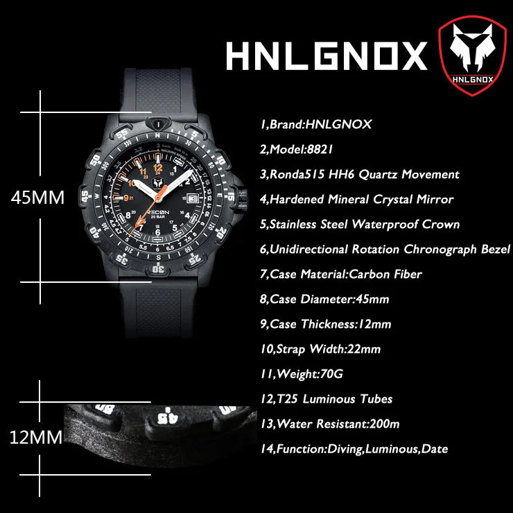 Hnlgnox Mens Pilot Watches Sport Watch Military 20ATM Waterproof Quartz Wristwatch Carbon Fiber Case Luminous Rubber Strap