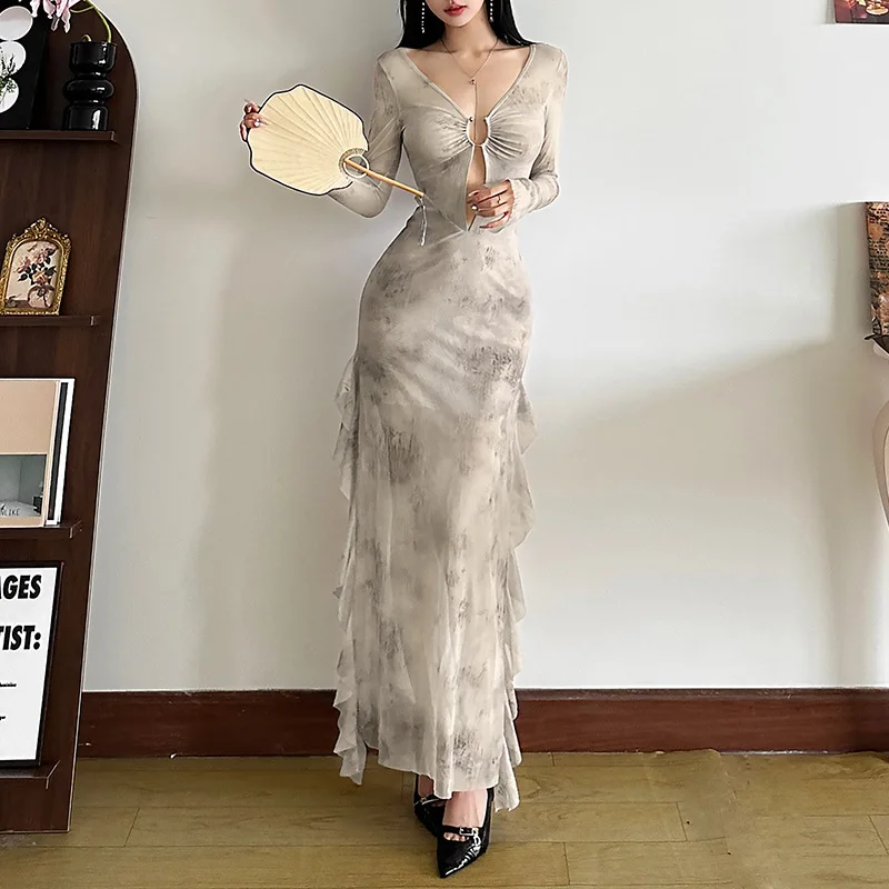 European and American Autumn Winter New Fashion Sleeve Hollow Out Long Dress Women