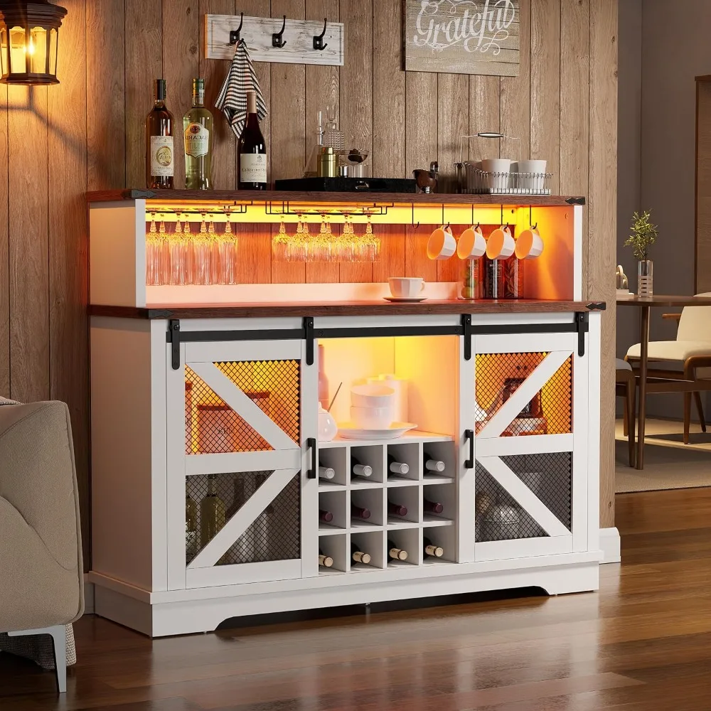 

Farmhouse Coffee Bar Cabinet with LED Lights, Liquor Cabinet Wine Bar Cabinet w/Sliding Barn Door,Glass Rack,Sideboard Buffet