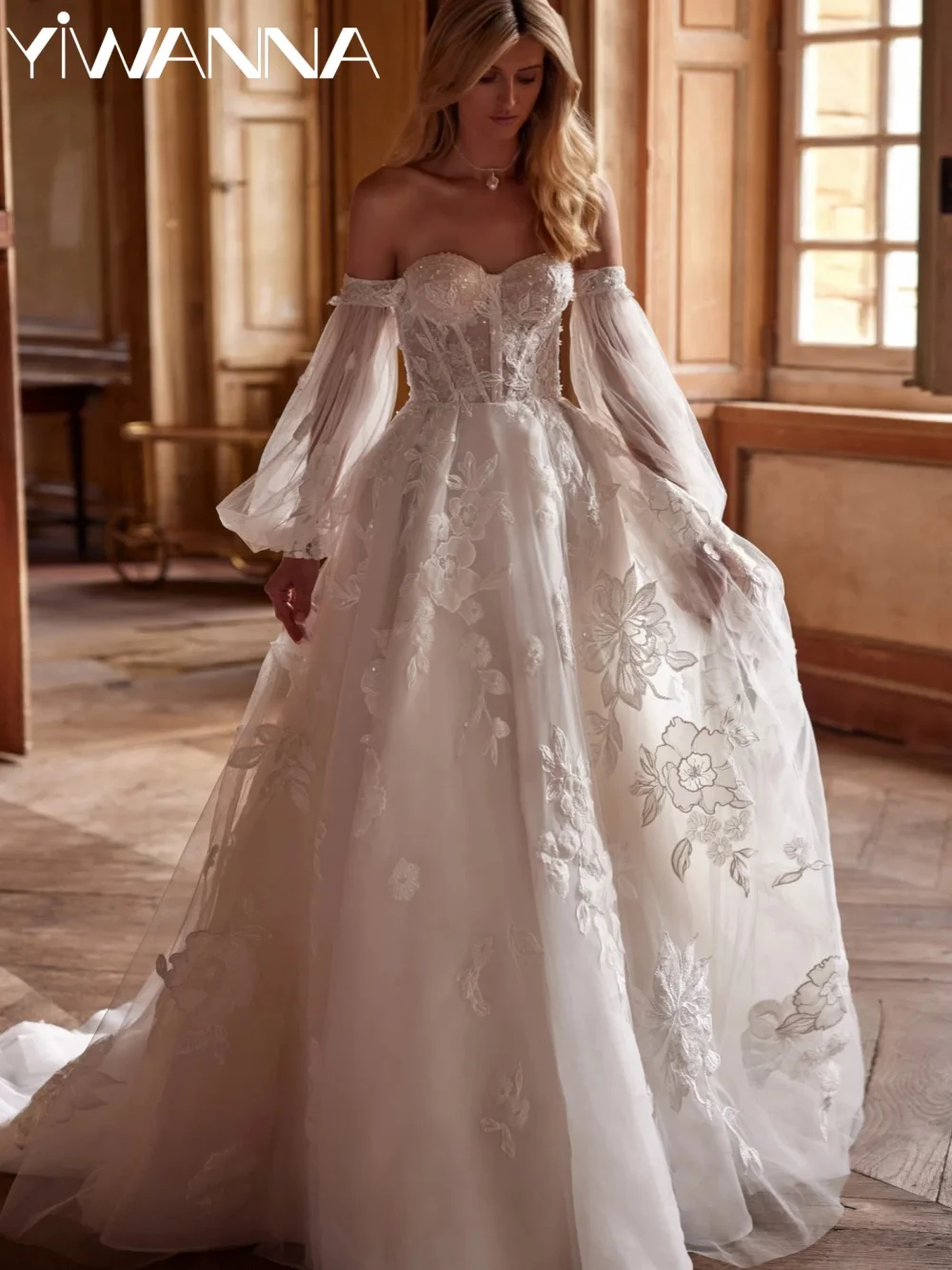 

New Dreamy Lace Appliques Wedding Dress Detachable Train Shinny Long Bridal Gown Customized Sweetheart Neck Dresses For Bride