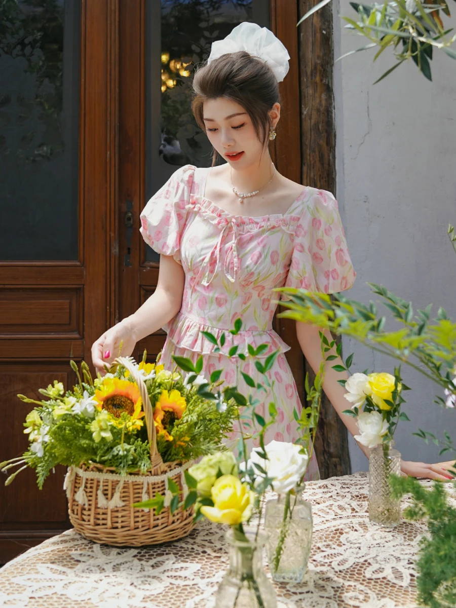 티이하일리 여름 여성 100% 면 꽃무늬 드레스 퍼프 소매 롱 미디 기장 여성용 S-XL 빈티지 하이웨이스트 2025 스퀘어 칼라