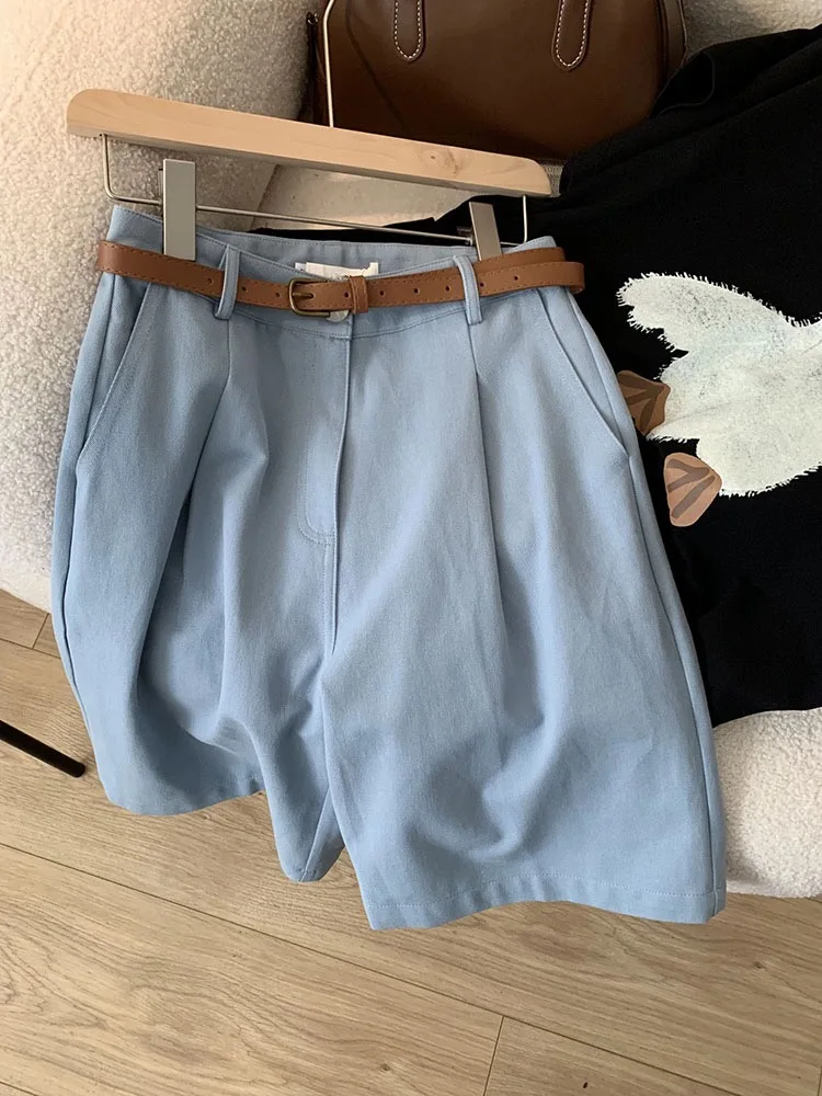 Sli الأزرق واسعة الساق السراويل الخماسية المرأة عادية عالية الخصر orts 2023 الصيف Faion الاتجاه مطابقة أورتس متعددة الاستخدامات