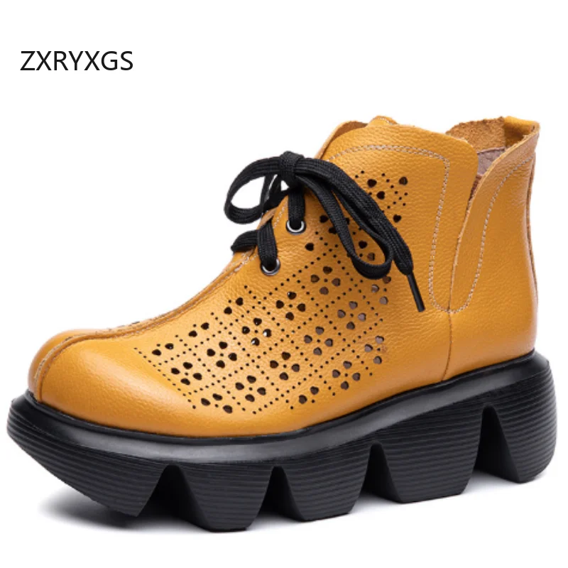 ZXRYXGS Top Layer Cowhide Hollow Boots Breathable Shoes 2025 New Fashion Spring Summer Platform Non-slip Elevator Boots Tide