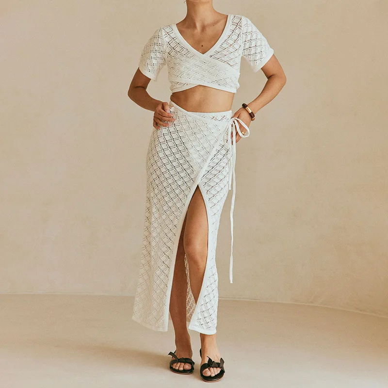 2025 verão casual moda feminina conjunto emenda design cinta saia longa conjunto de duas peças para mulher