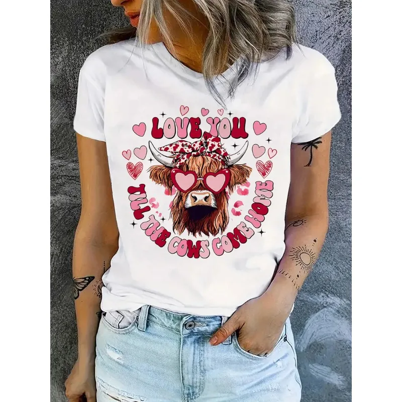 Women's Heart-Shaped Round-Neck Short-Sleeved Graphic T-Shirt European American Style Valentine's Day Top Summer polyester fabri