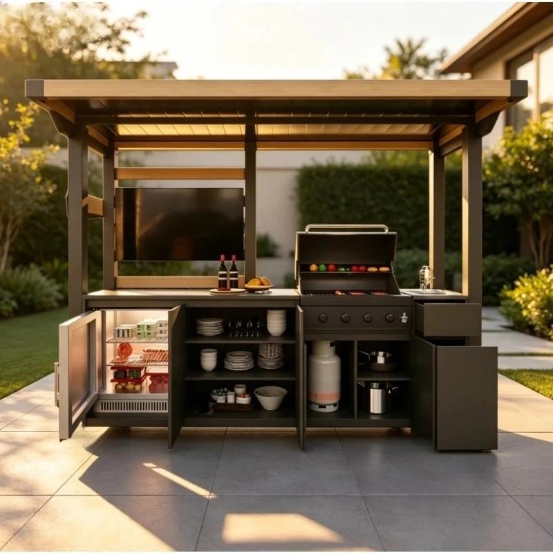 Customized Stainless Steel Outdoor Kitchen Set-Compact Grill Station Waterproof Cabinets Aluminum Roof for Backyard Patio Garden
