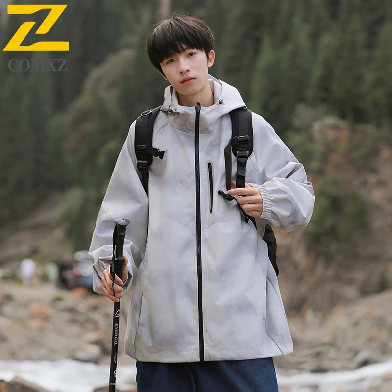 Men Reflective Strip Hooded Windbreaker Autumn Streetwear American Style Casual Waterproof Windproof Outdoor Lightweight Coat​