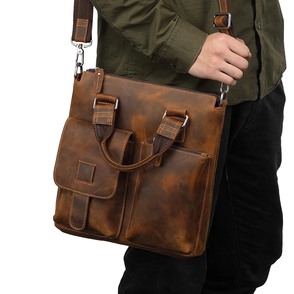 Saco de couro genuíno vintage do cavalo louco masculino, moda comercial, bolsa masculina vertical, pasta, bolsa de ombro