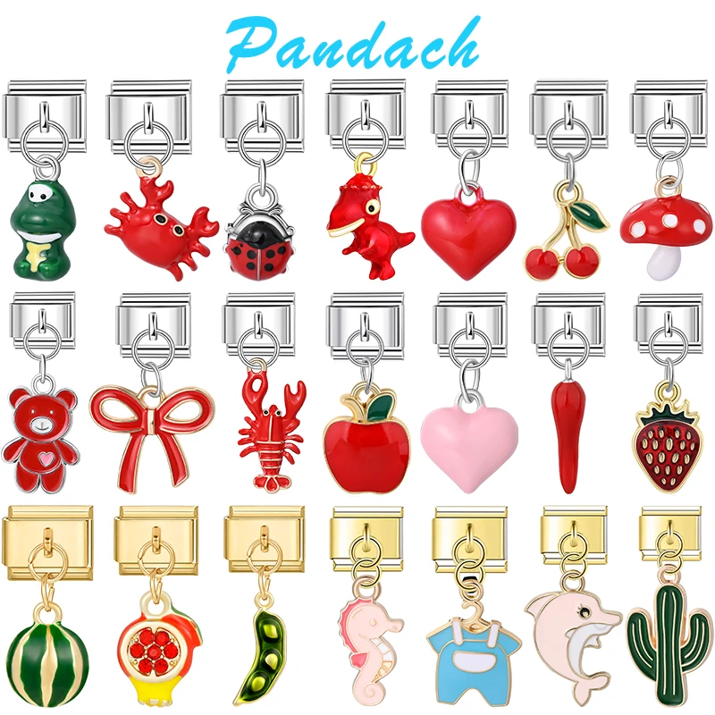Pandach Elephant Dolphin Penguin Cherry Mushroom Apple 9mm Stainless Steel Italian Module Elastic Splicing DIY Jewelry Making