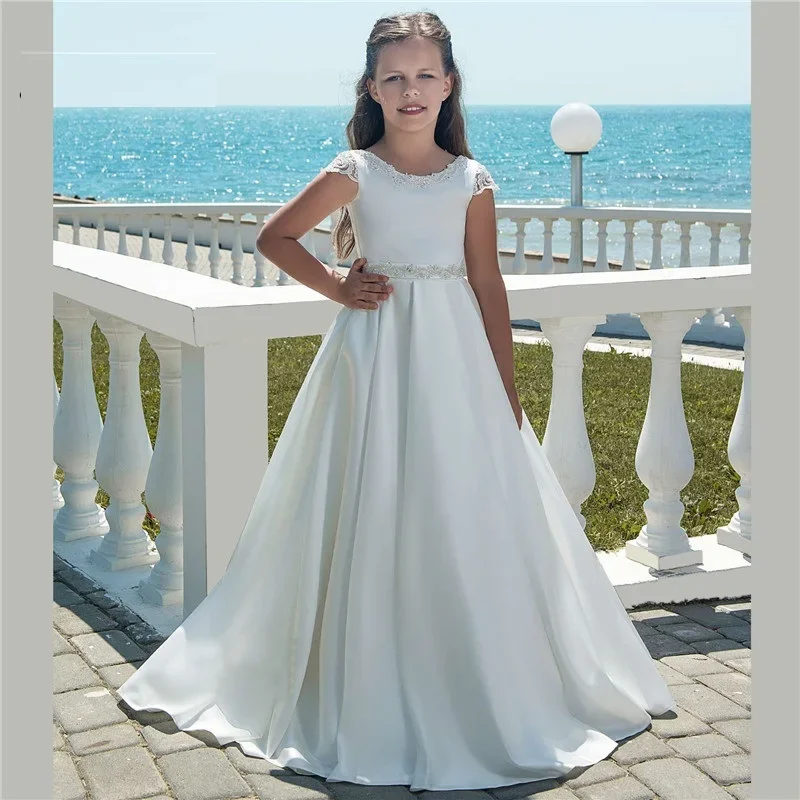 White Satin Hollow Out Lace Flower Girl Dresses For Weddings Girl For Prom Gowns Birthday First Communion Dress Kids Dress