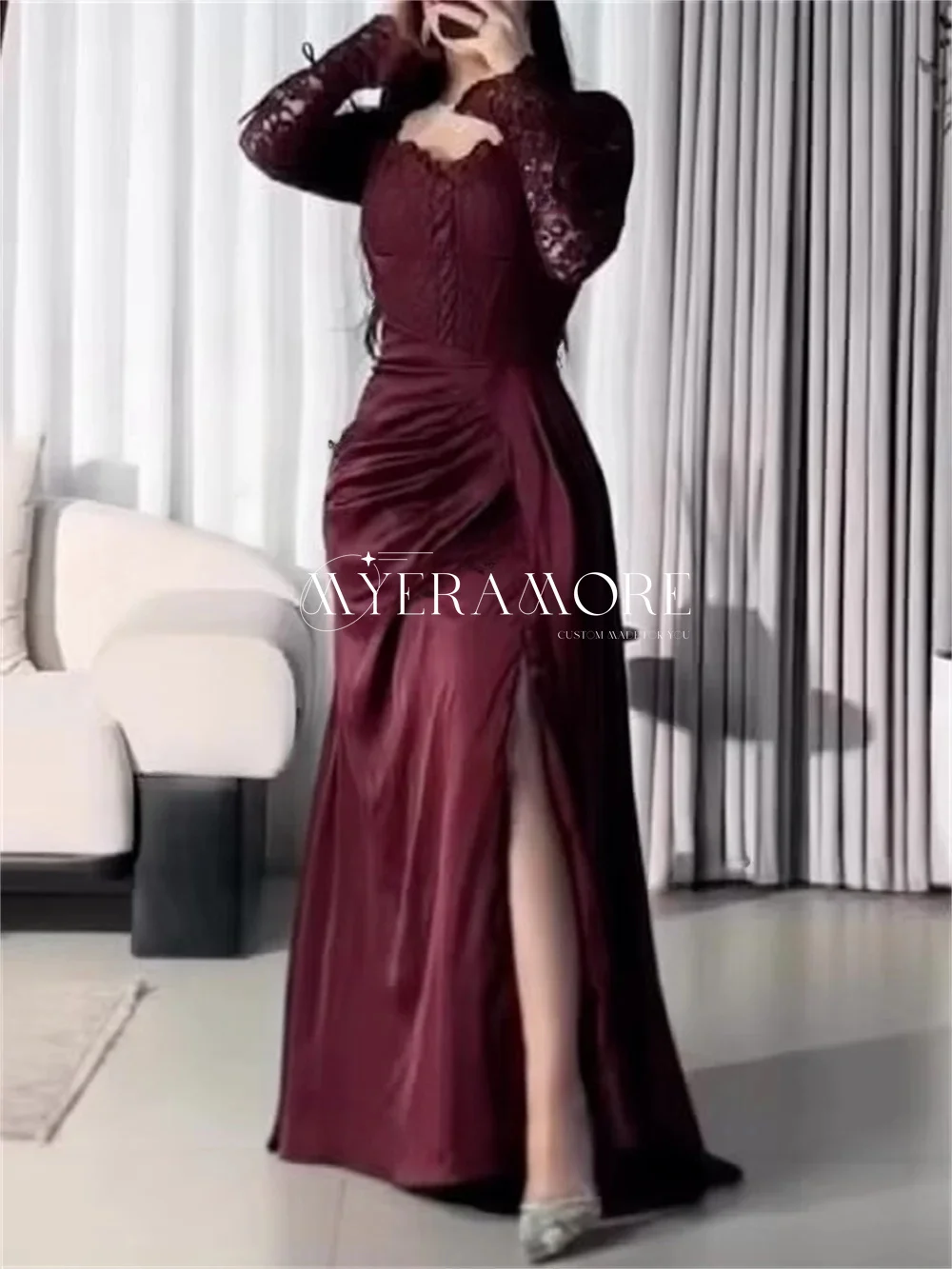 

Elegant Mermaid Evening Dresses For Wedding Guest Prom Dresses Sweetheart Heart Lace Side Slit Pleated Formal Gowns Customized