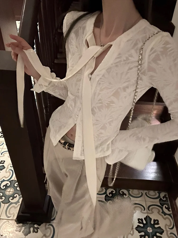 

Ele V-Ne Long Sve irt Thin Sle Belted Slim Fit Morning Light Spring Bla Bean Humming Women's Top French Sle ...