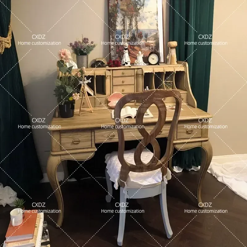 French Retro Solid Wood Dresser Desk Integrated Bedroom Study Storage Table American Country Multi Functional Writing Table