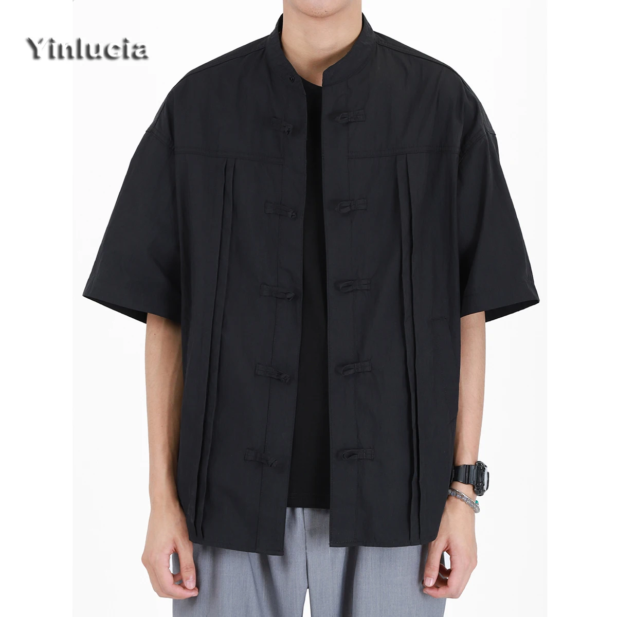 Black Shirts Traditional Chinese Buttoned Shirt Chinese Style Tang Tee Summer Thin Loose For Man Neutral Stand Collar Half Sleev
