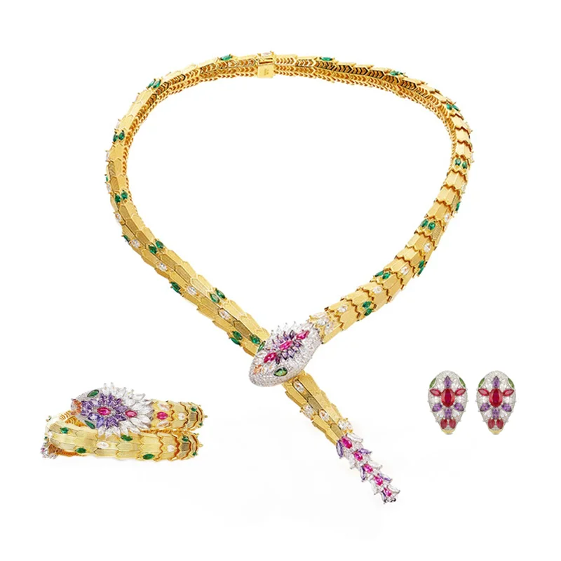 

Jewelry 3Pcs/Set Vintage Serpent Design Gold Color Colored Cubic Zircon Snake Necklace Bangle Earrings Party Jewelry For Bridal