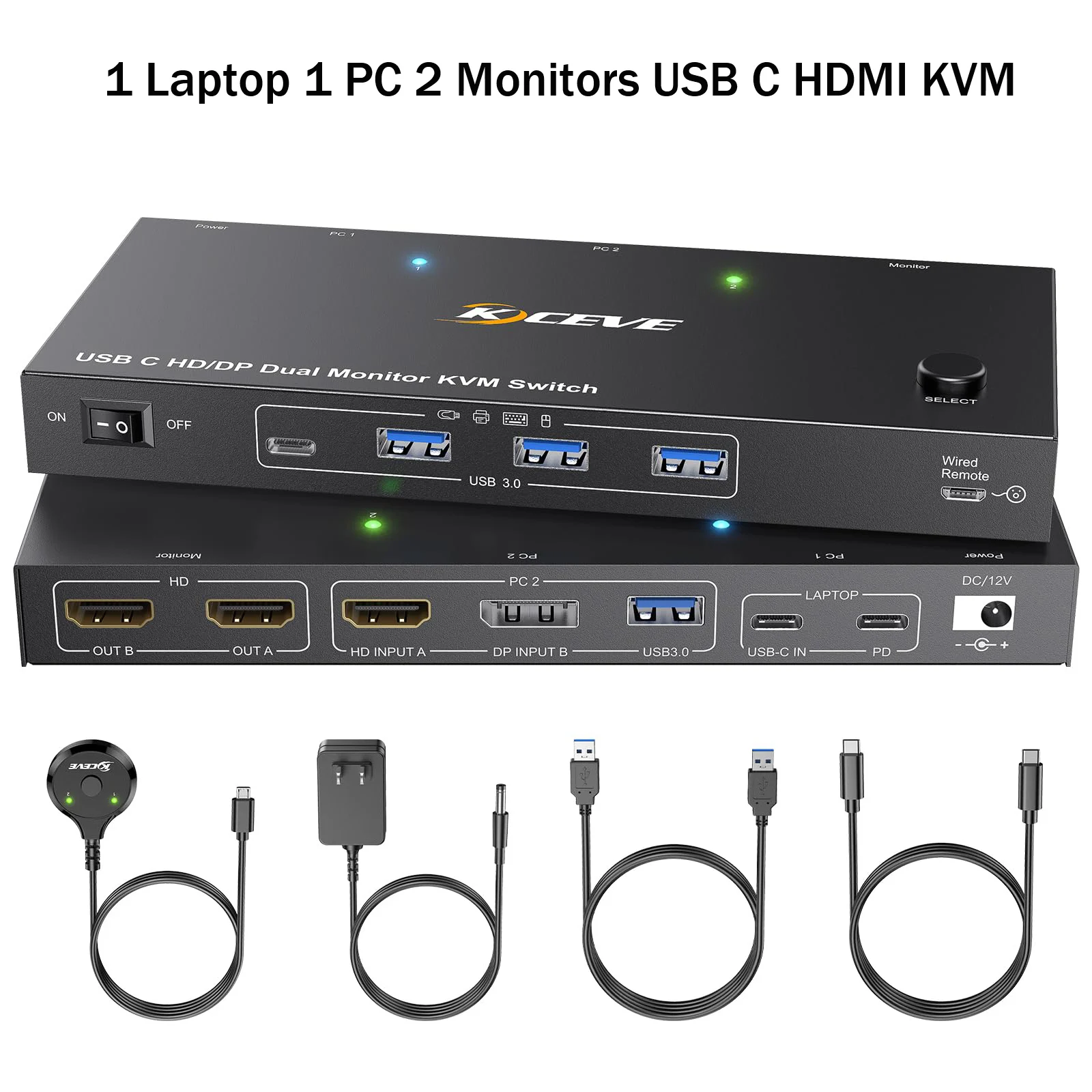 

4K KVM Switch 2 Monitors 2 Computers USB C HDMI DP, USB 3.0 MST KVM Switch Dual Monitor for Laptop & Desktop,PD 60W for Laptop