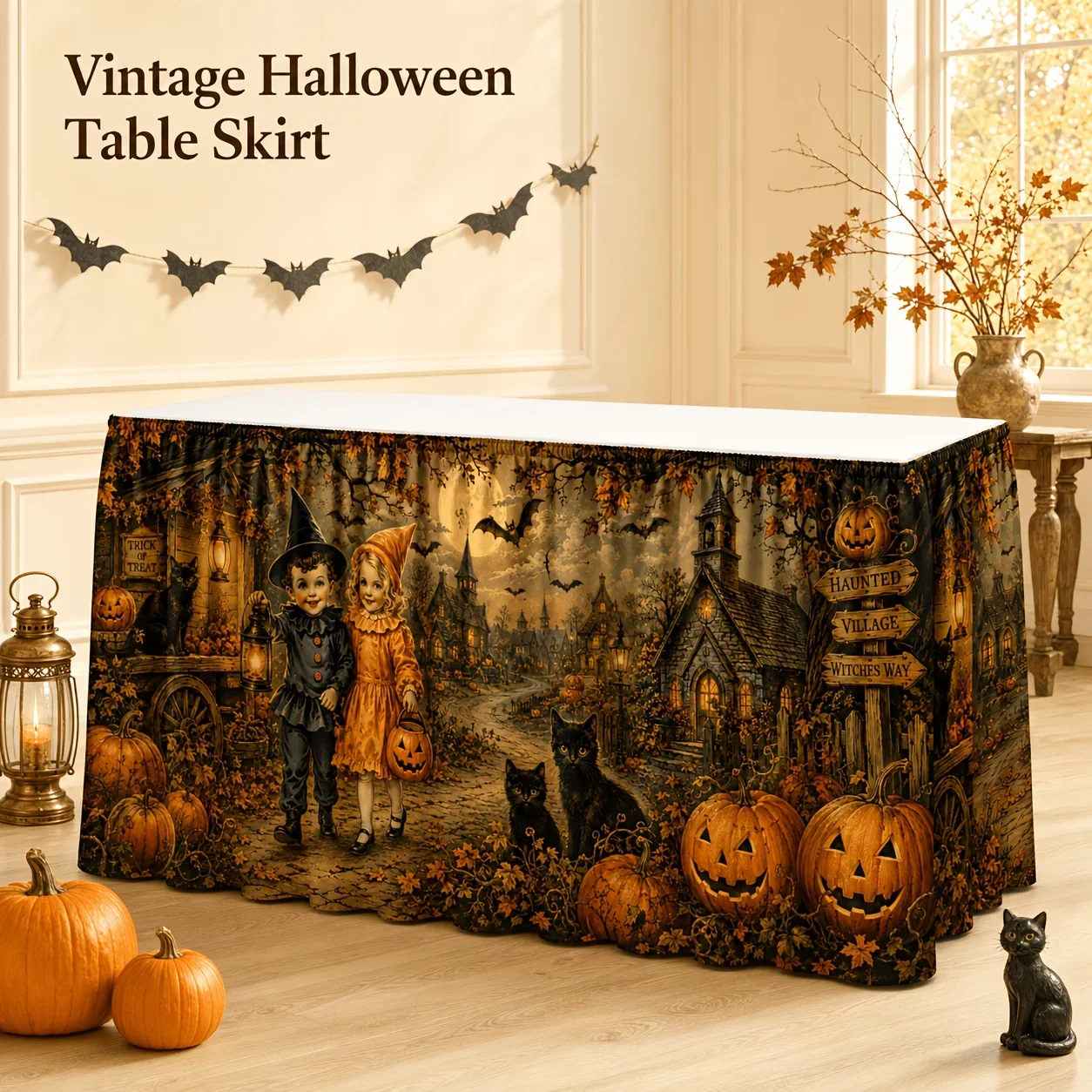 Table Runner Table Dress 1-Piece Set Vintage Halloween Black Cat and Bat Table Dress, pumpkin-themed party decoration
