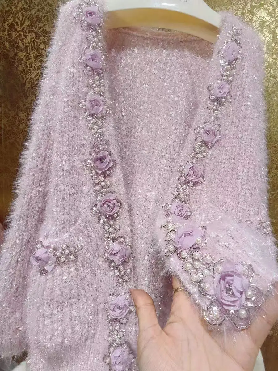 Luxury Beading 3D Flowers Spring 2026 Knitted Cardigan for Women Heavy Industry Pearl Sweater Outwear Knitwear Top Woman Clothes