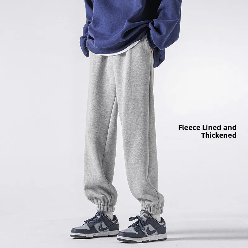 

ey Fce Lined Loose Fit Men's Sport Pants Autumn Winter Faion Casual Trousers Harajuku Sle Elastic Waist Long Trousers