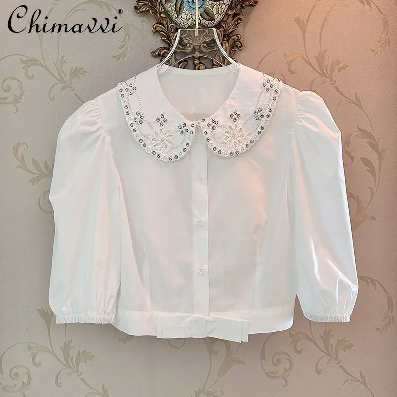 Camisa de manga corta con cuello de muñeca de diamante de cuentas de moda para mujer, Tops cortos blancos de un solo pecho, camisa de blusa dulce ajustada