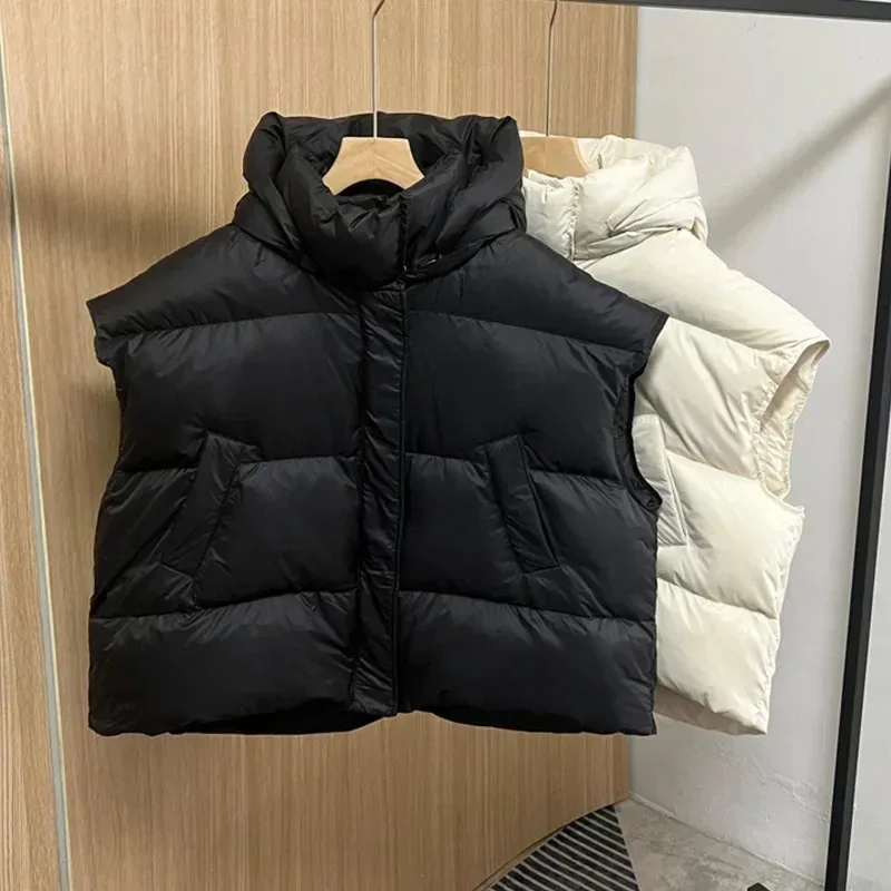 Duck Down Coat Autumn Loose Detachable Hat Hooded Puffer Jacket Women Sash Tie Up Casual Waistcoat Warm Thick Short Down Jacket