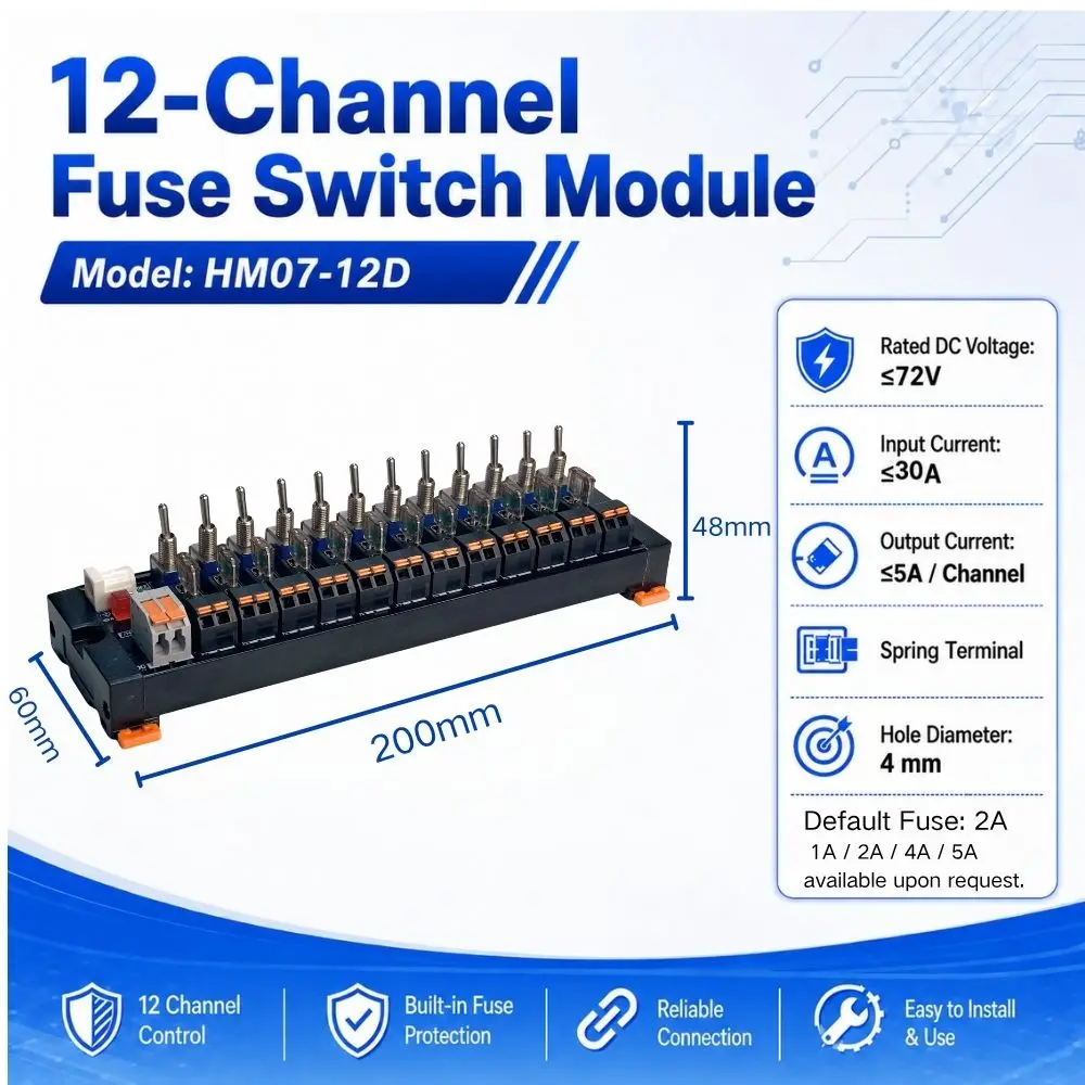 2/4/6/8/12/16-Kanal DC-Kippschalter-Stromverteilermodul mit Federanschluss, Sicherung und LED-Anzeige pro Kanal