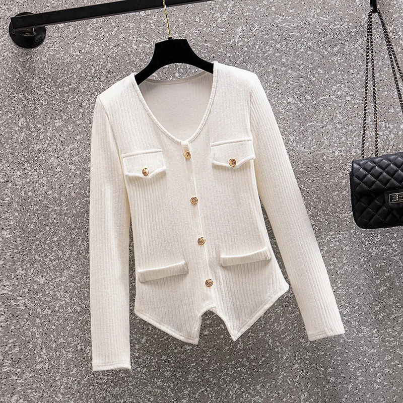 2022 Autumn Winter Black and White Single-Row Metal Button Slim V-Neck Long-Sleeved Top Knitted Cardigan Women Elegant Cloth