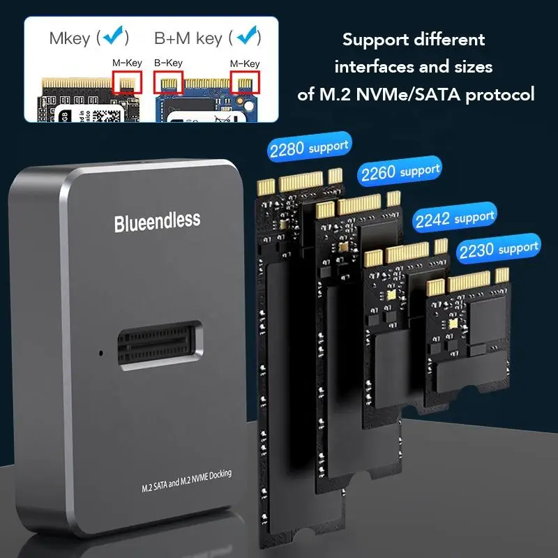 Blueendless New Product Dual Protocol Aluminum M.2 NVME SATA SSD USB 3.1 M key Ssd Docking Station SSD enclosure