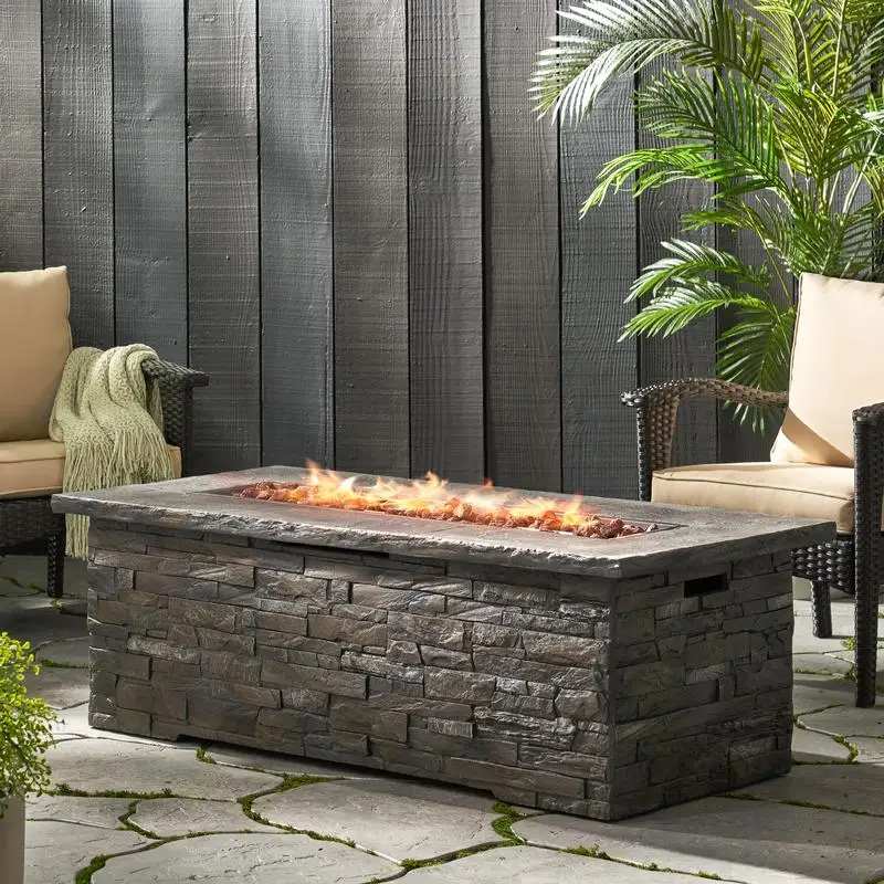 

56" Outdoor 40,000 BTU Rectangular Concrete Propane Fire Pit, Stone Design, Gas Fire Table, Tank Cover Not Included