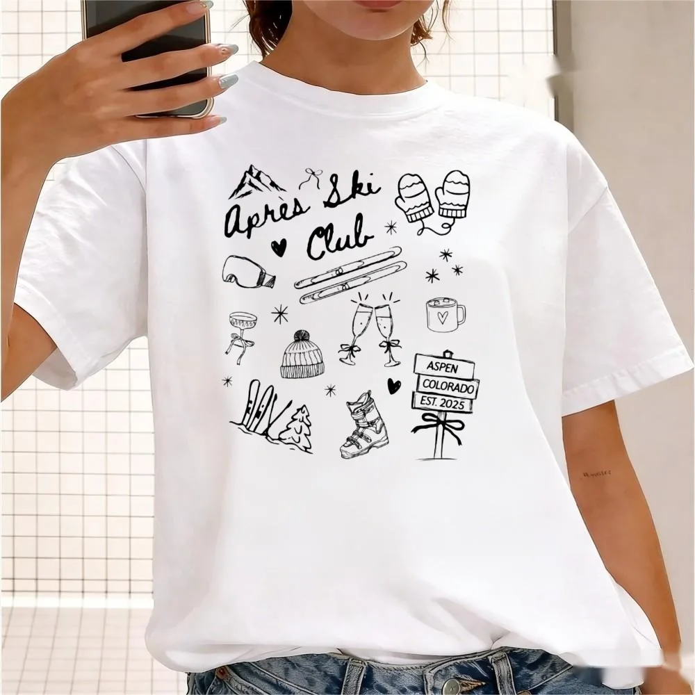 Hand Drawn Ski Equipment Snow Mountain Wine Mug Print T-shirt For Women Men Casual Short Sleeve Novelty Gift For Ski Lovers