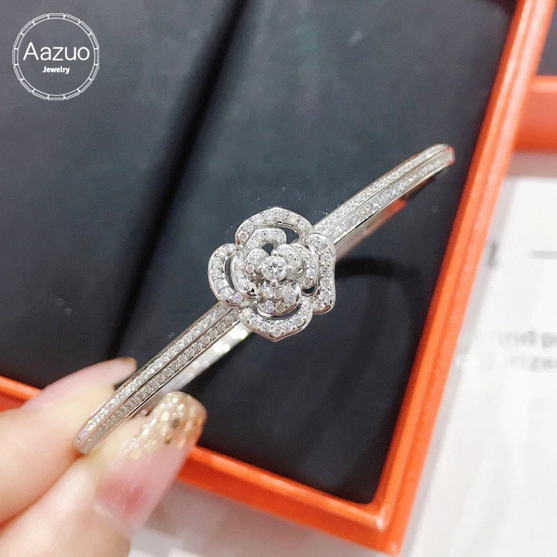 Aazuo White Gold 18K Gold Natrual Diamonds 0.80ct Rose Flower Bangle For Woman Upscale Trendy Wedding Engagement Party Luxury