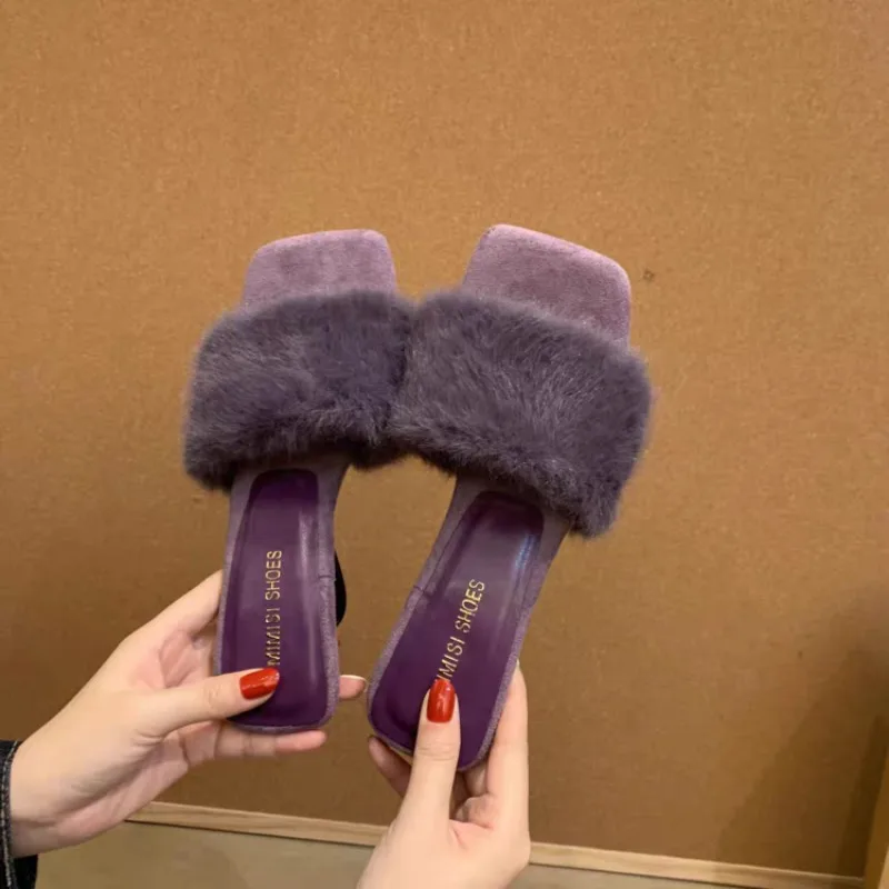 French Fairy Style Fluffy Slippers Women's Autumn and Winter New 2026 Open-toe High-heeled Temperament Slip-on Shoes