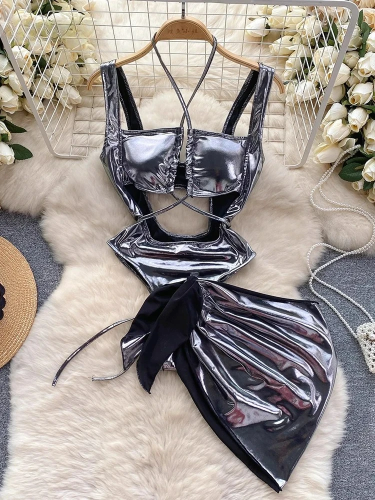 

Women Sexy Metallic Feeling Jumpsuits Skirts Clothing Sets Hollowed Bandage Halter Rompers Combi-pants Tight Bodysuits