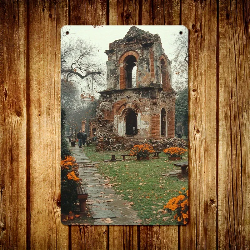 لافتة معدنية عتيقة - أطلال الكنيسة الريفية مع زهور برتقالية للخريف، 8 × 12 بوصة، ملصق آرت ديكو لديكور جدران المنزل والمتجر