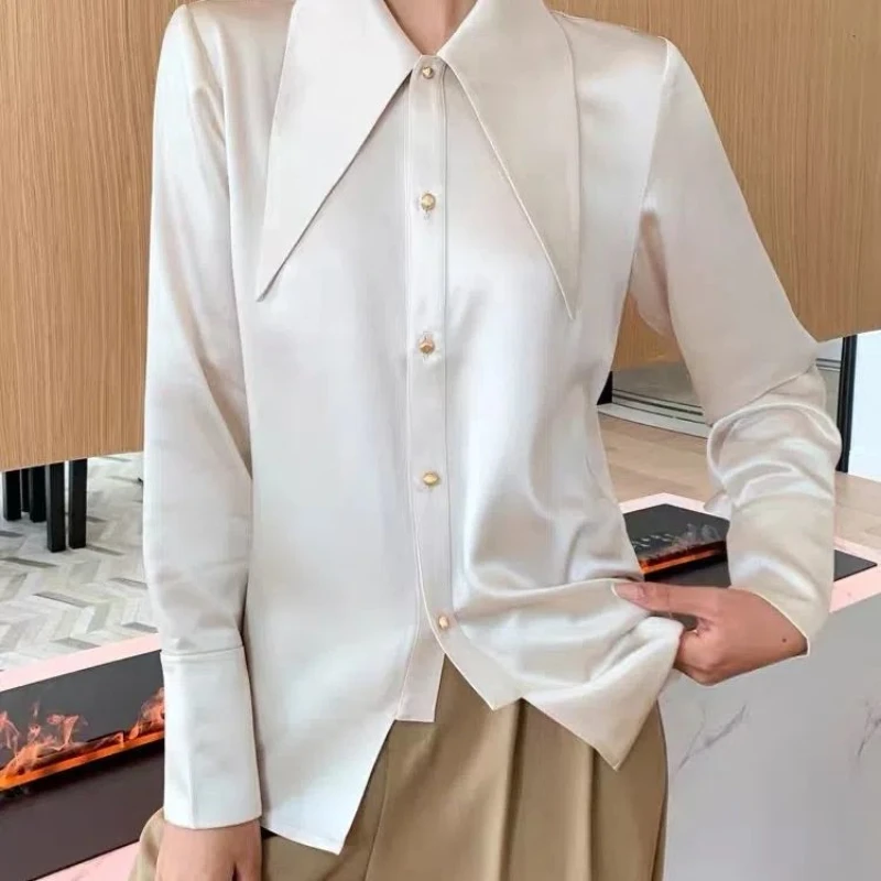 French High-end Polo-Neck Spring Women's Clothing Solid Color Long Sleeve Single-breasted Loose Fashion Causal Commute Shirt