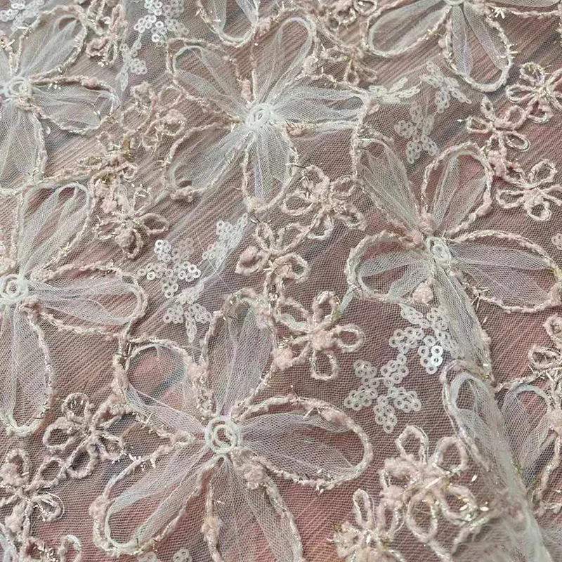 

New sequined and Shiny thread embroidered 3D floral lace sheer fabric for wedding dress children's clothing designer fabric