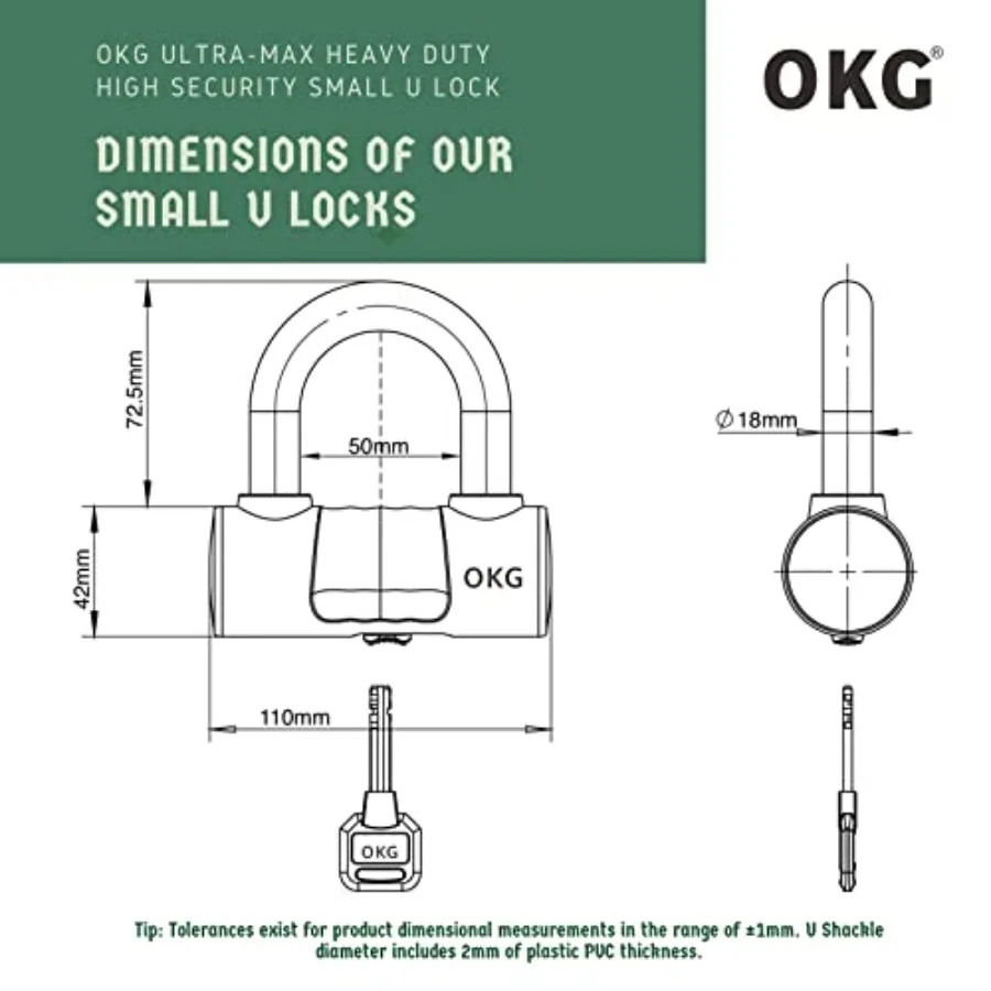 OKG Small U Lock 4 Keys Heavy Duty 18mm Hardened Alloy Steel Shackle Anti-Cut/Anti-Pry Security Chain Lock for Motorcycle E-Bik