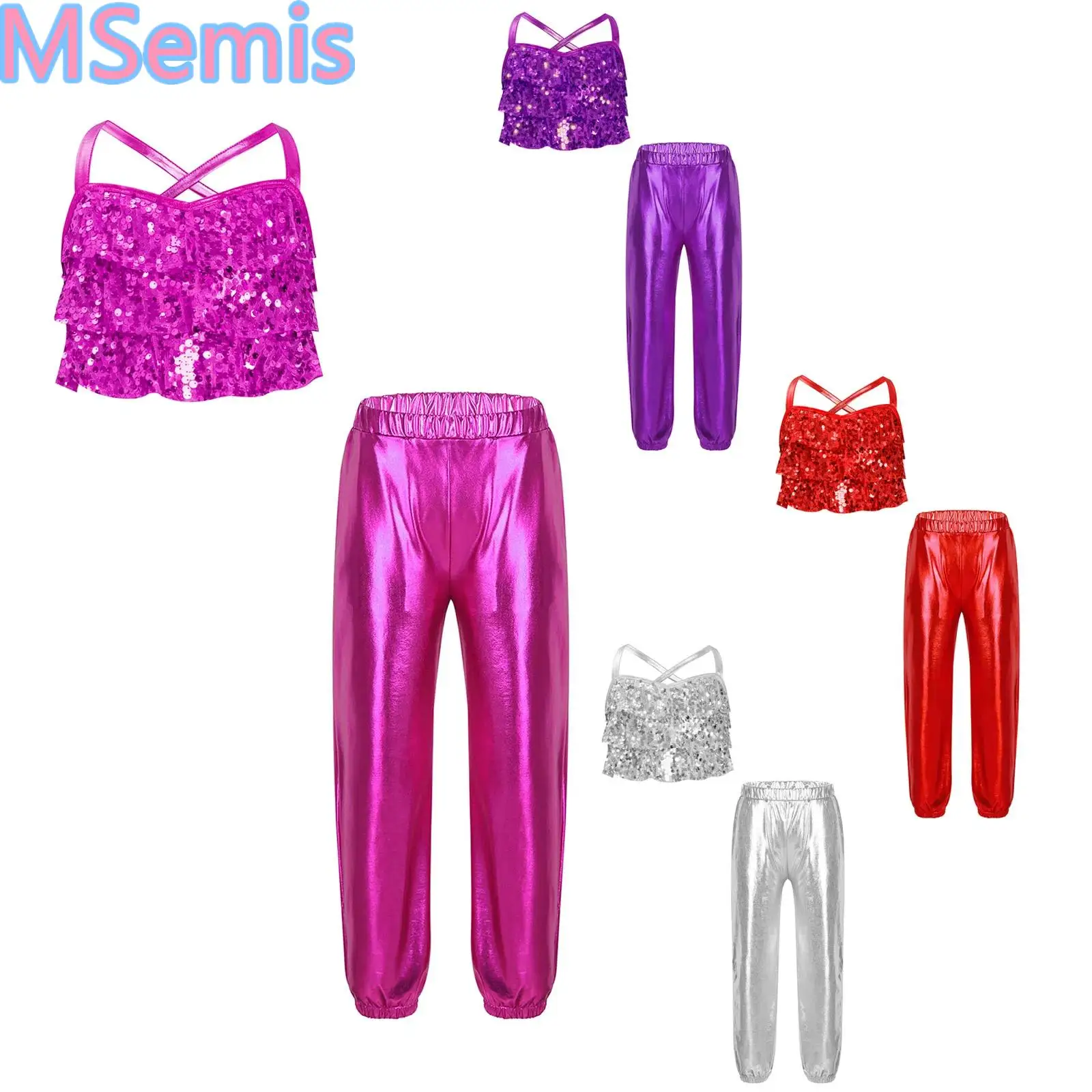 

Girls Sequin Jazz Dance Outfit Cheerleading Performance Costume Ruffles Cross Back Metallic Crop Top with Metallic Pants Sets